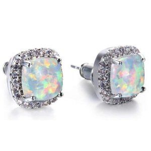 Platinum, White Opal & CZ Post Stud Earrings